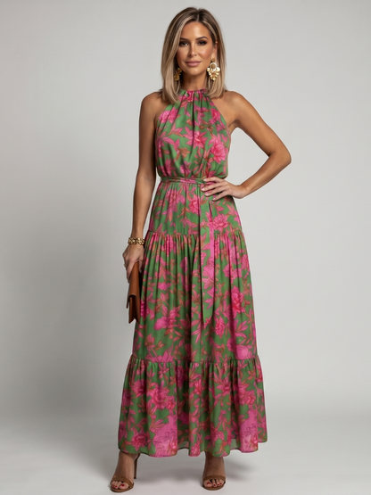 Julia - Vestido midi drapeado en rosa con un elegante escote halter