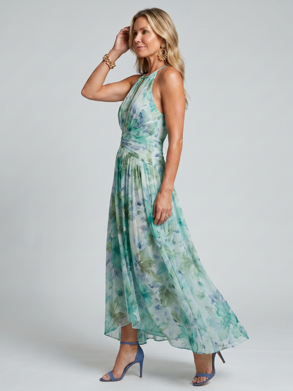 Teresa - Vestido midi plisado con cuello halter y estampado floral