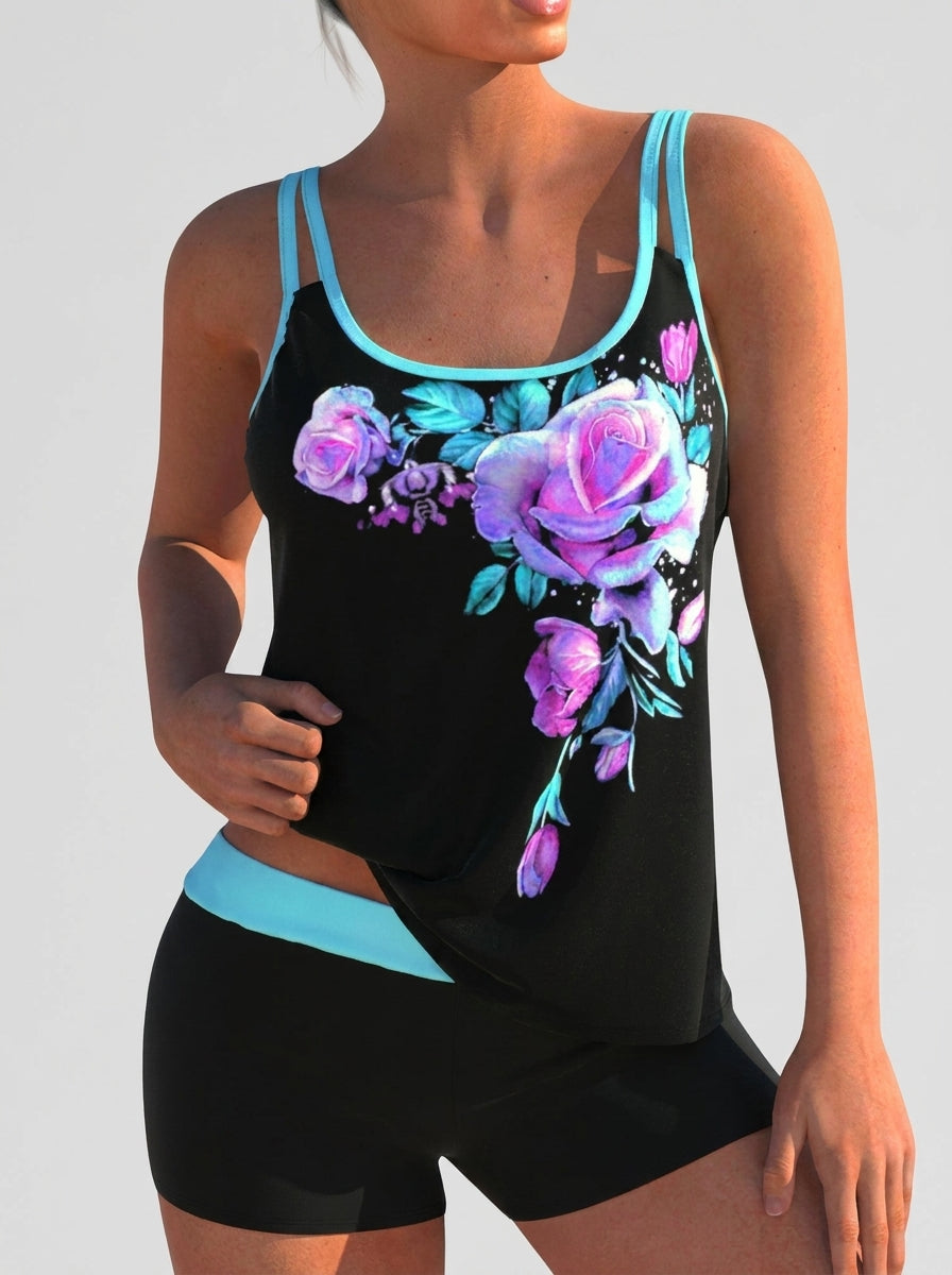 Flor - Bañador Floral con Short, Efecto Vientre Plano