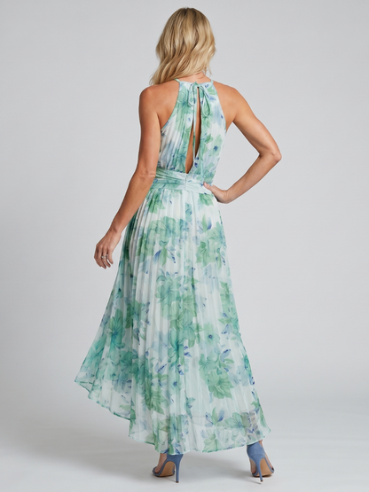 Teresa - Vestido midi plisado con cuello halter y estampado floral